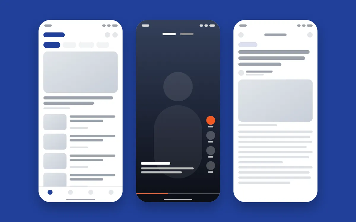 Wireframes of three detikcom Android screens (news feed, vertical video, and article) on detikcom blue.