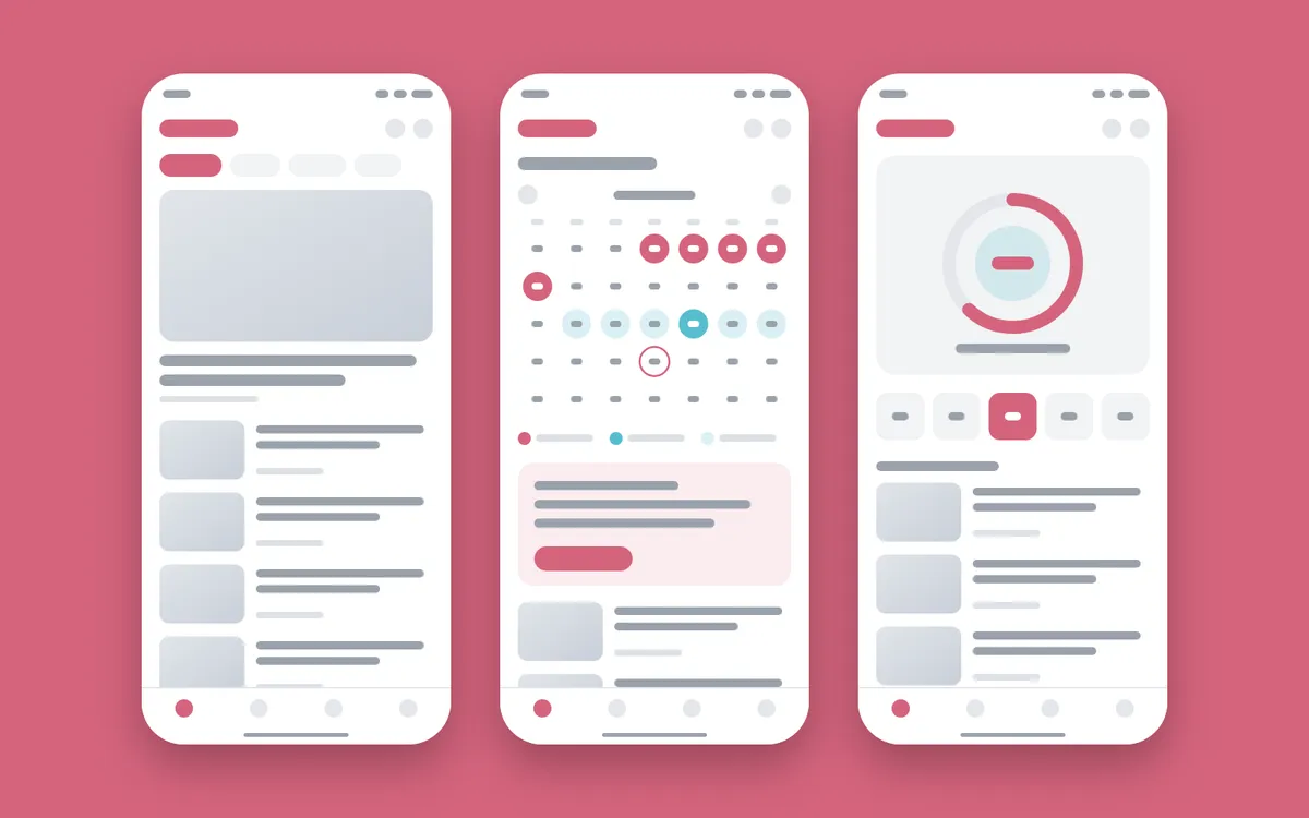 Wireframes of three Haibunda Android screens (news feed, cycle calendar, and pregnancy tracker) on Haibunda pink.