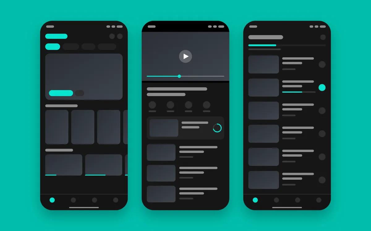 Wireframes of three Vision+ Android screens (home, video player, and downloads) on Vision+ teal.
